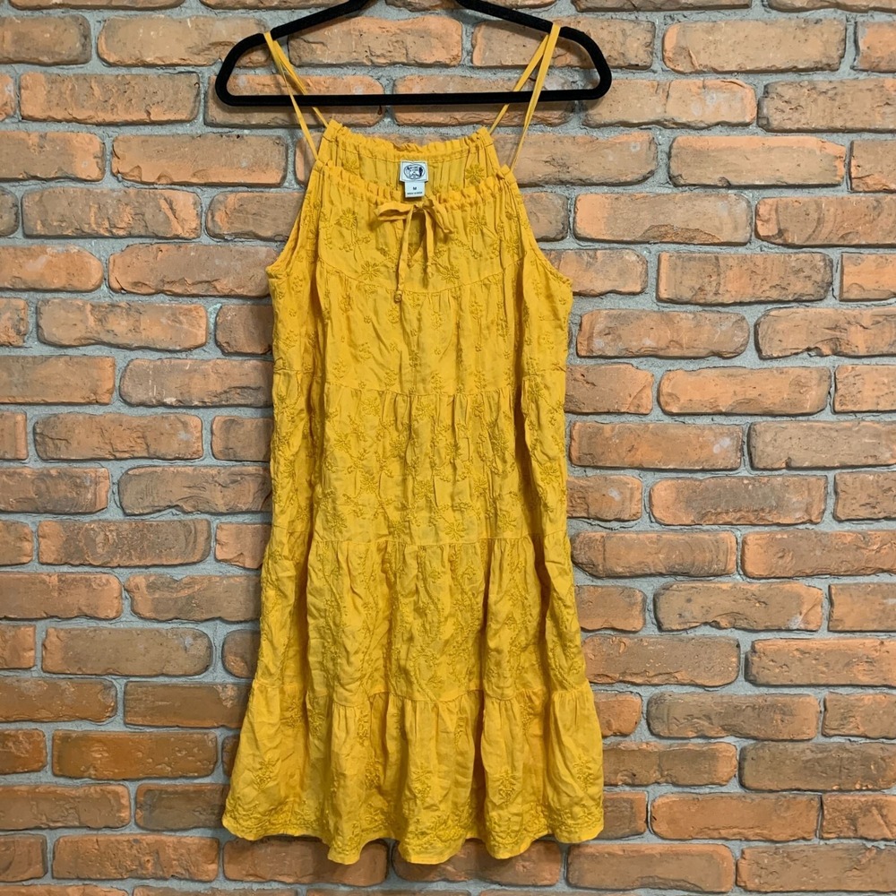 Lucky Brand Yellow Embroidered Tiered Sundress Tie Neck Halter‎ Women's Medium
